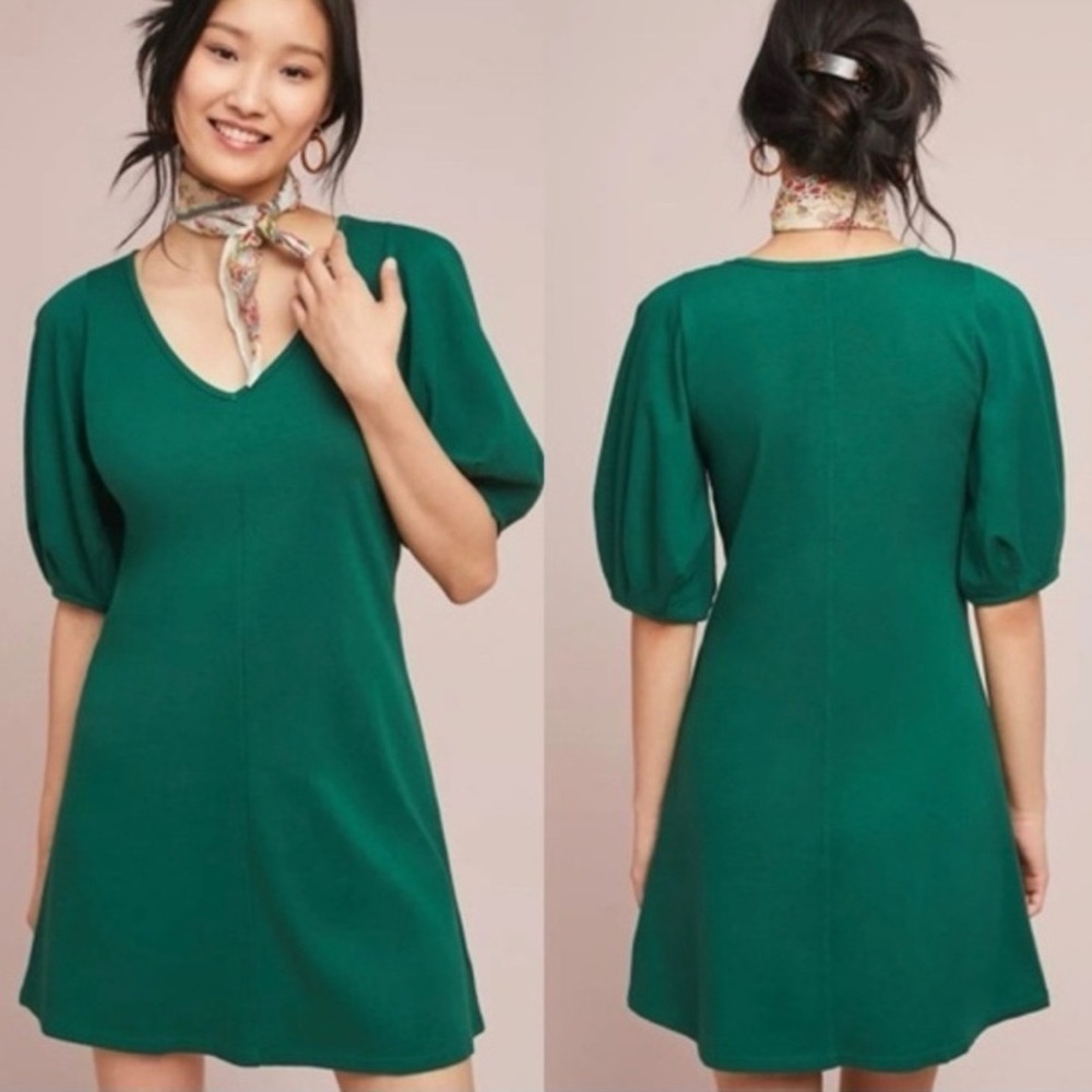 Anthropologie Dress Womens XS Velvet by Graham&Spencer Green Puff Sleeve Mini